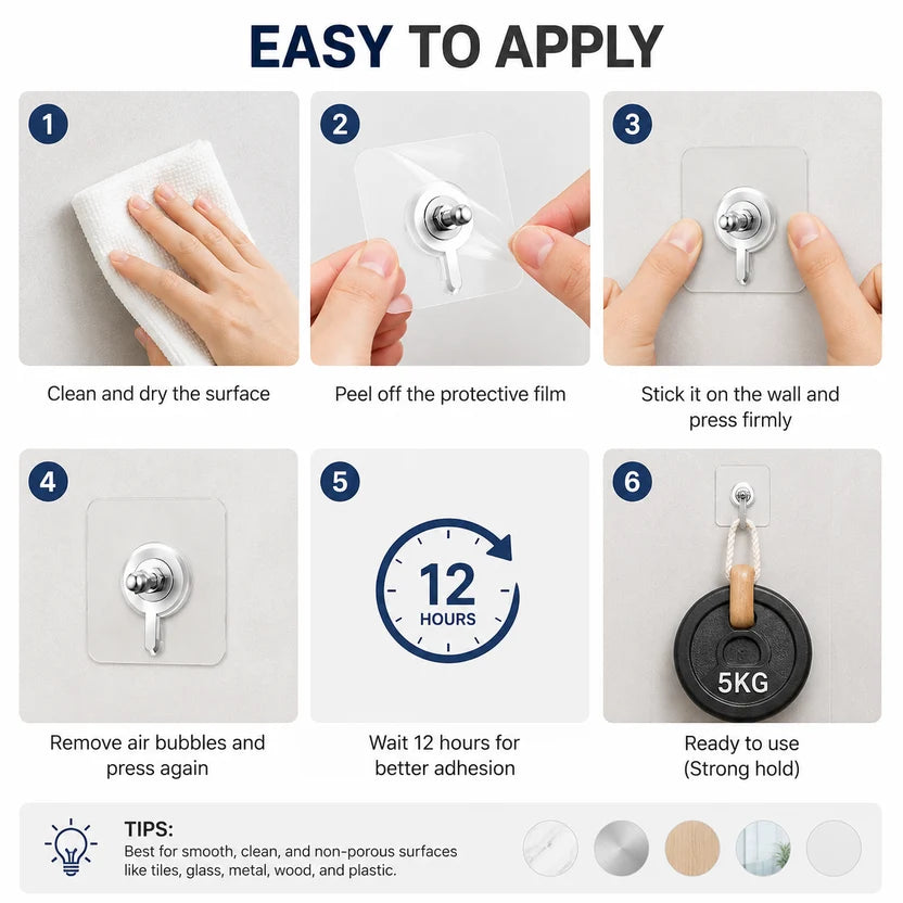 Heavy Duty Self-Adhesive Wall Hooks | Bathroom, Kitchen, Bedroom | [Pack of 10]