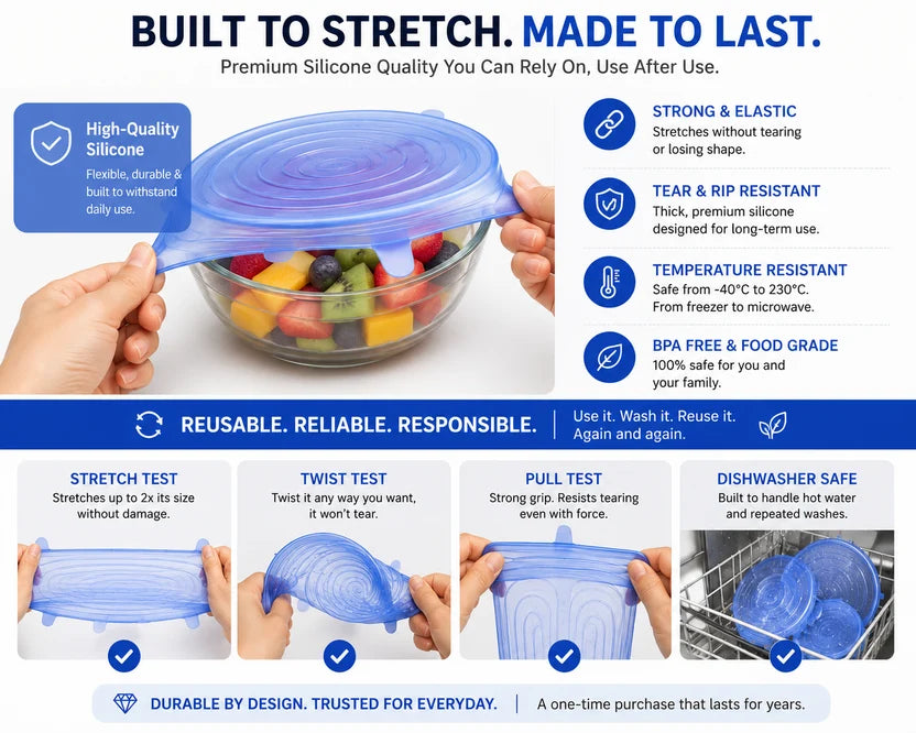 Silicone Stretch Lids | Fresh Food Cover | Multiple Sizes | [Pack of 6]