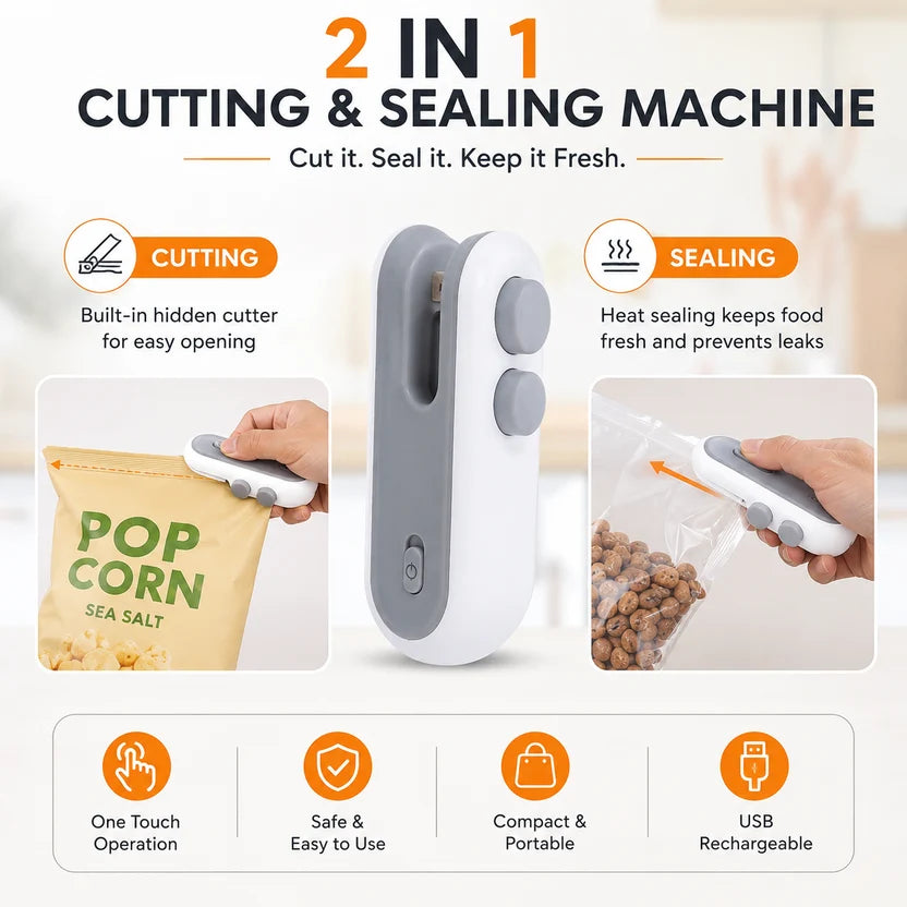 Portable Mini 2 in 1 Sealing Machine | USB Rechargable | Food Sealer & Cutter