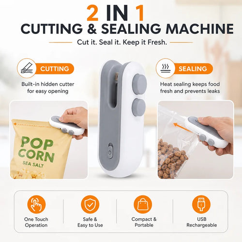 Portable Mini 2 in 1 Sealing Machine | USB Rechargable | Food Sealer & Cutter